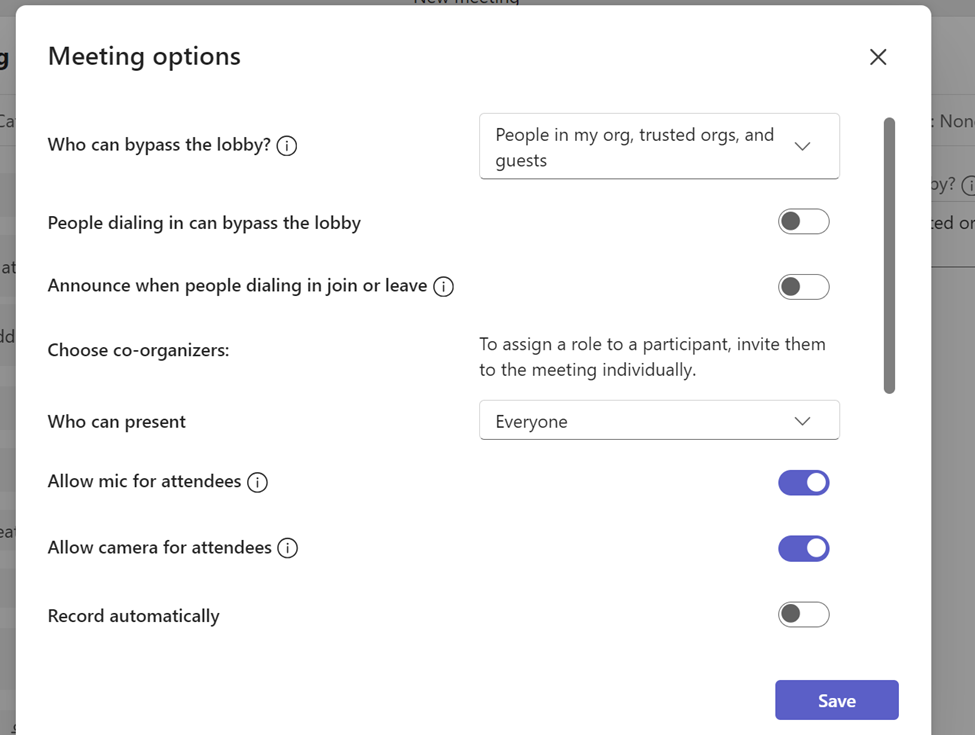 Teams meeting options